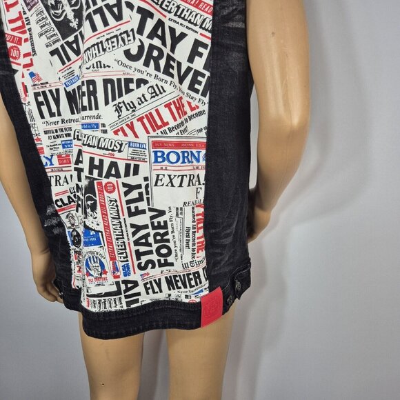 Born Fly Men's Denim Vest Size XL Black Wash Distressed News Paper (03) - Picture 8 of 13